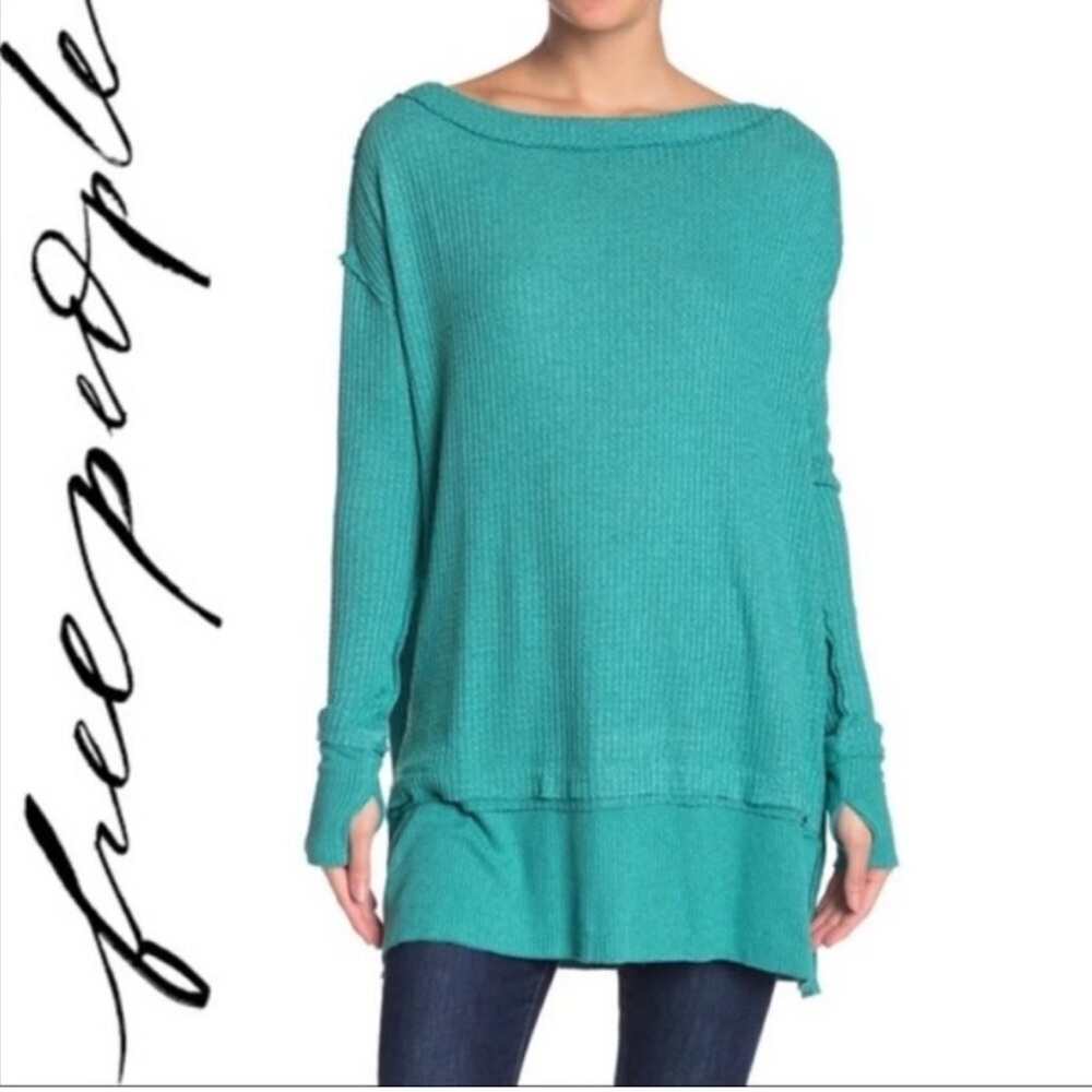 We The Free | Free People Teal Oversized Waffle Knit Top